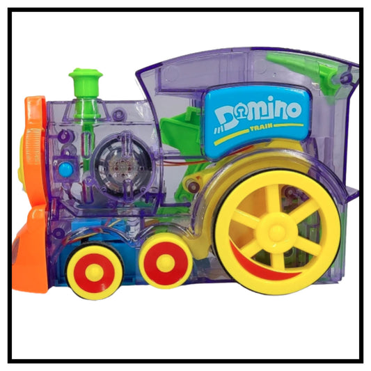 Transparent purple plastic domino train toy with yellow wheels, red and yellow accents, and blue Domino Train logo on side, shown on white background
