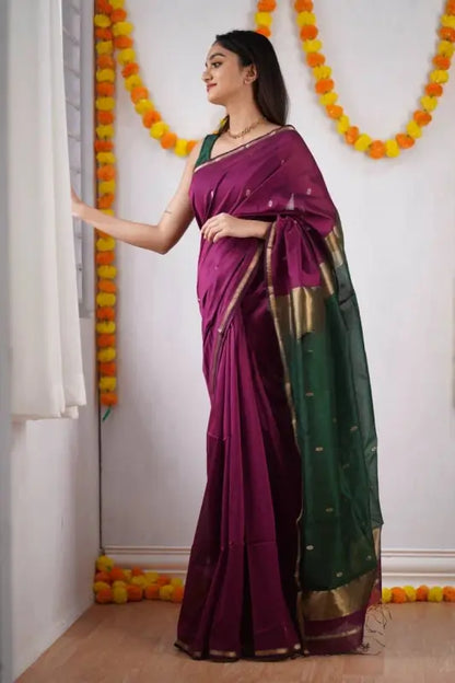 Cotton Saree  The Elegant Contrast Collection ( Pink Green, OS )