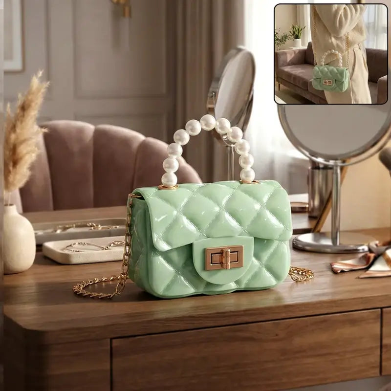 Elegant Quilted Mini Handheld & Sling Fashion Handbag – Pearl Handle Chain Strap Bag