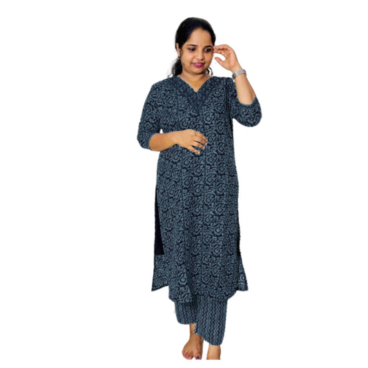 Woman Modeling Green Cotton Printed Kurta Set With Matching Dupatta - XXL Size - S.NO 414168
