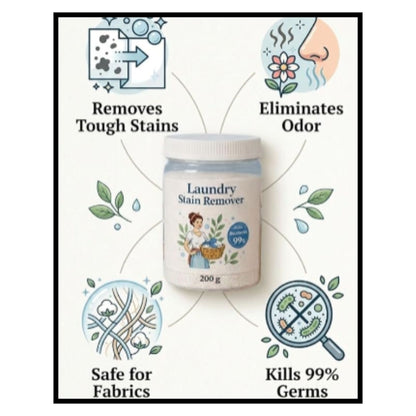 Laundry stain remover jar 200g infographic removes tough stains eliminates odor safe for fabrics kills 99 percent germs