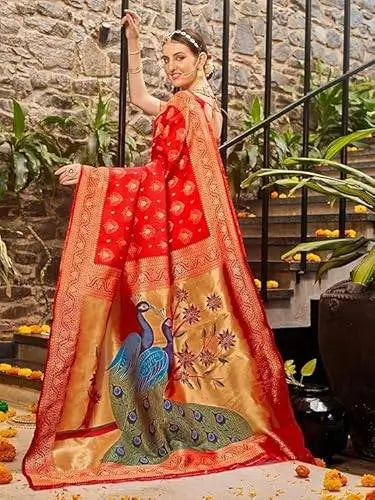 Jacquard Saree  Royal Peacock Collection ( red, OS )