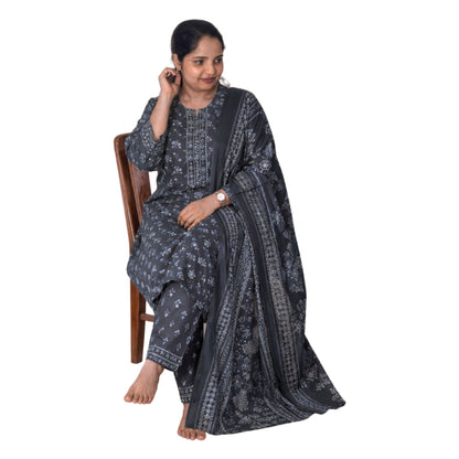 Woman Modeling Dark Olive Green Cotton Printed Kurta Set With Matching Dupatta - 4XL Size - S.NO 410305