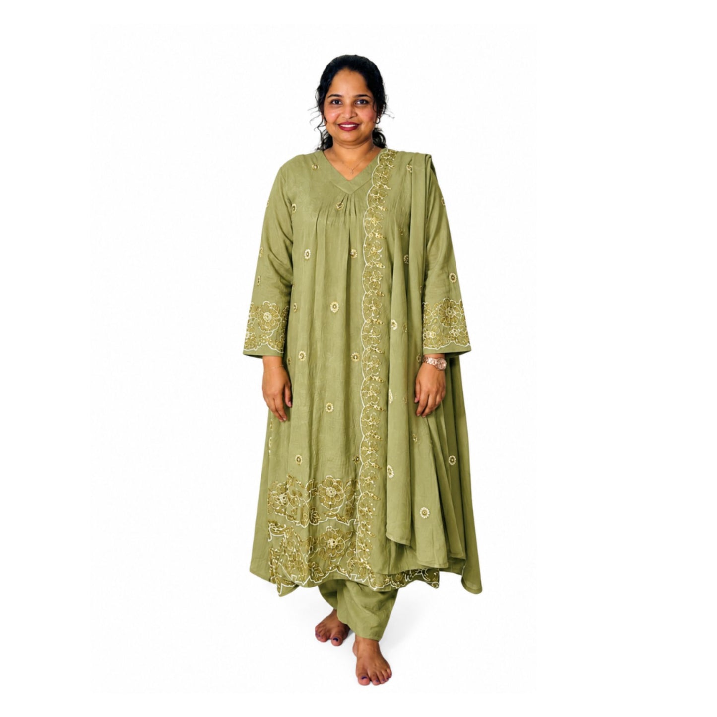 Woman modeling light olive cotton printed kurta set with matching dupatta - Mayuri Light Olive Churidar - S.NO 406118