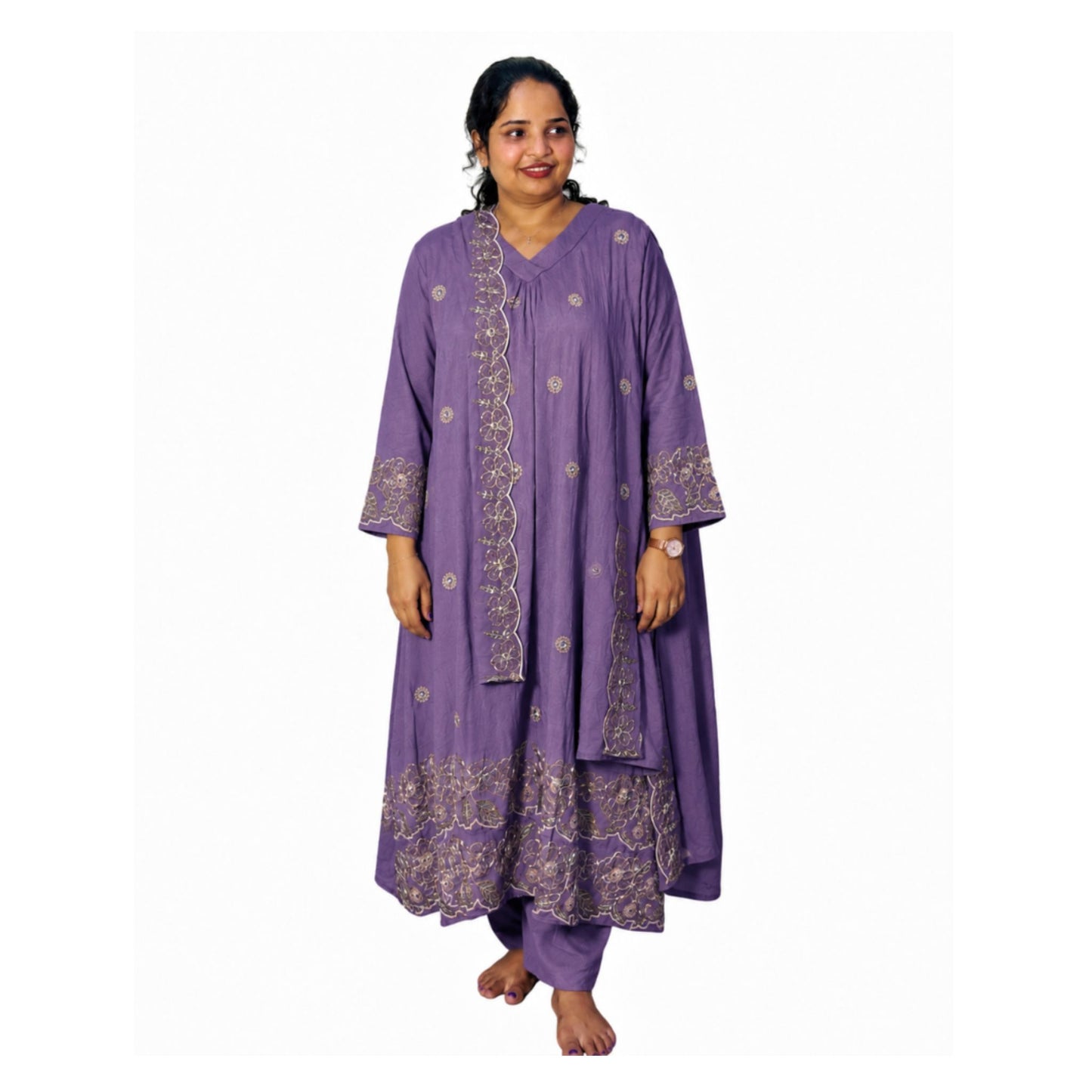 Woman modeling purple cotton printed kurta set with matching dupatta - Mayuri Purple Churidar - S.NO 406118