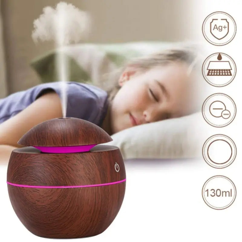 Wooden Cool Mist Humidifier Essential Oil Diffuser with 7 Color LED Night Light USB 130ml