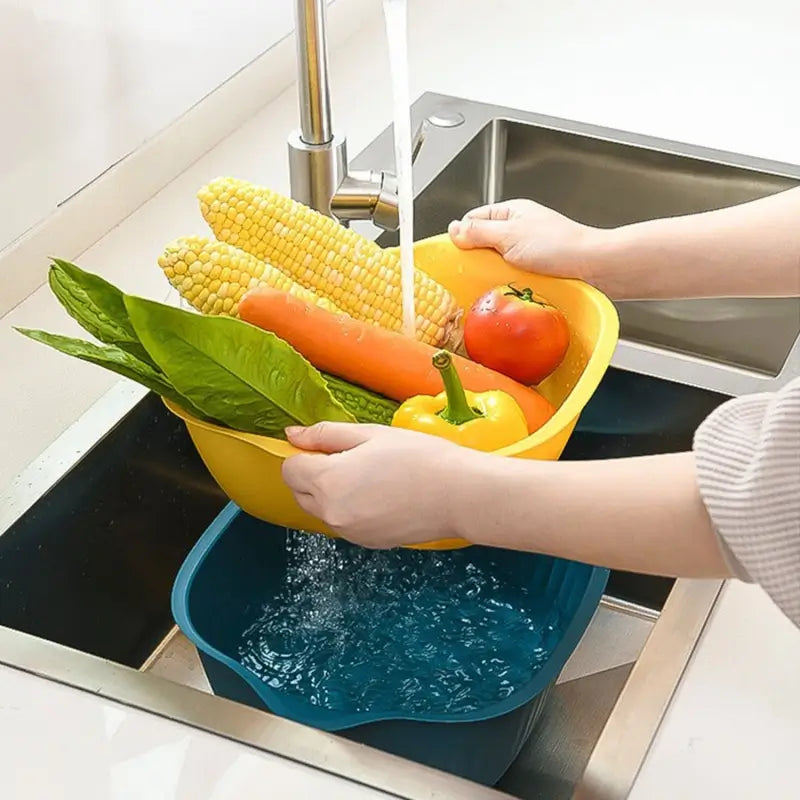 KITCHEN BOWL PLASTIC WASHING BOWL AND STRAINER DRAINER BASKET FOR HOME & KITCHEN USE (2 Pcs Set) ( default, Standard ).