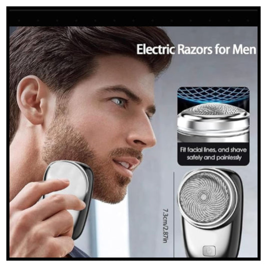 Promotional graphic for electric razor for men showing bearded man holding razor near his face with inset views of razor head