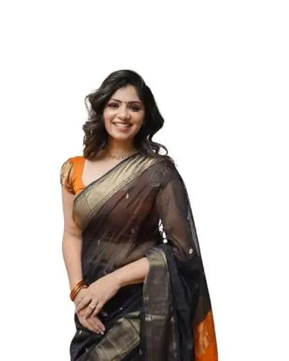 Cotton Saree  The Elegant Contrast Collection ( Black Orange, OS )
