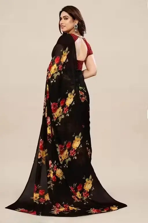 Women's Designer Georgette Floral Printed Saree with Blouse Piece â€“ Cotton Blend, Free Size ( black, Standard ).