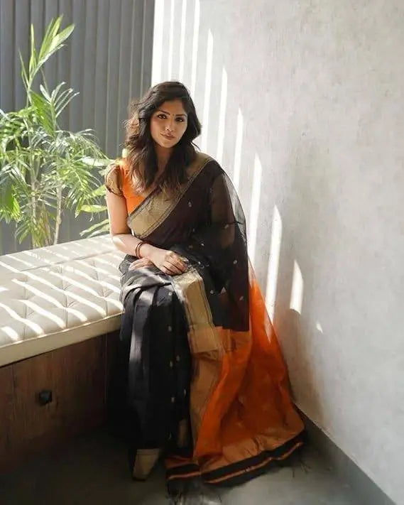 Cotton Saree  The Elegant Contrast Collection ( Black Orange, OS )