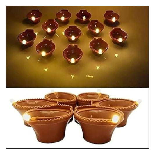 Water Sensor LED Diya Pack of 18 - Brown Clay LED Diya Glowing With Water, Smokeless Flameless Light for Diwali Pooja Home Decoration